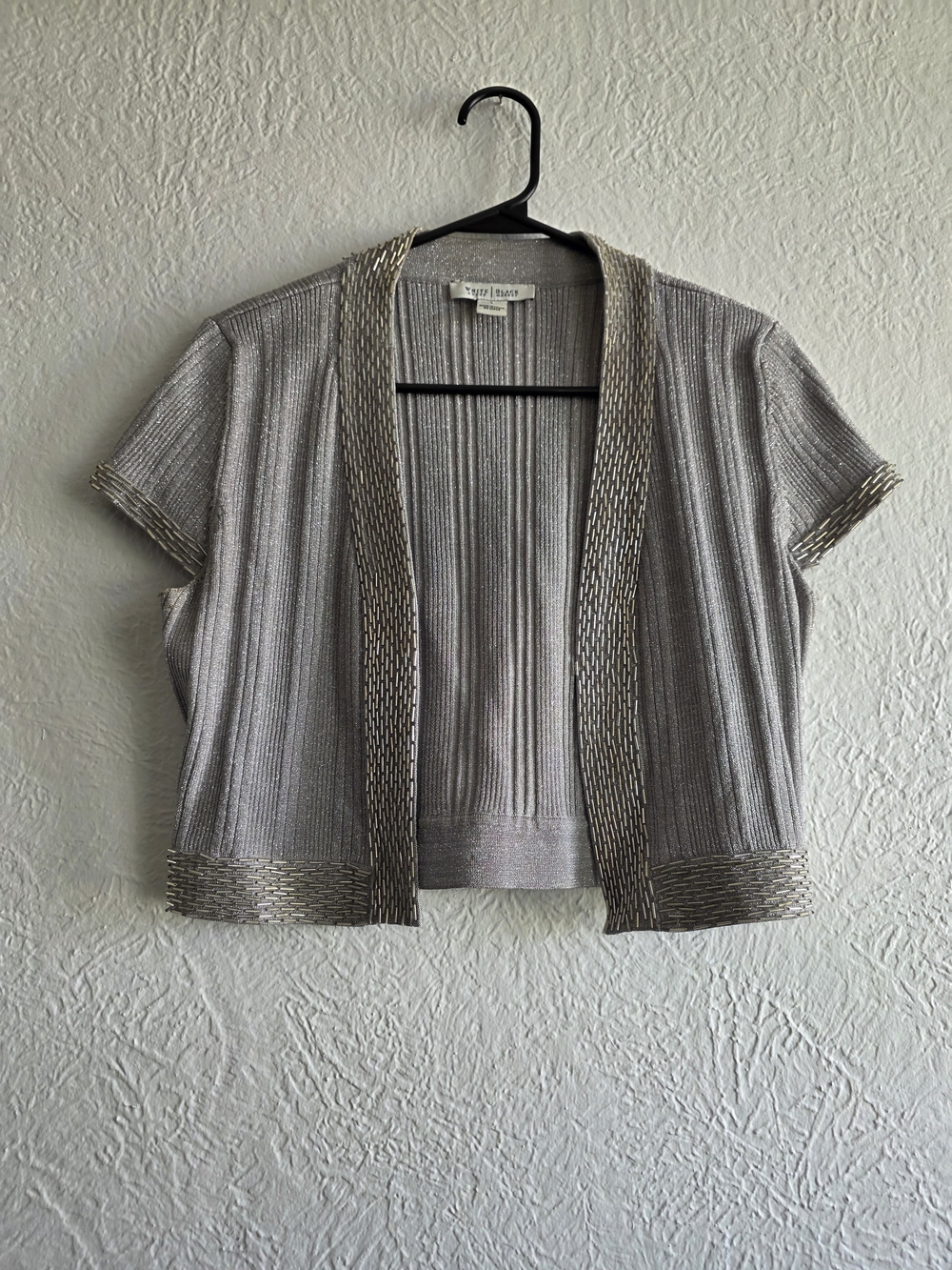 White House Black Market Short-Sleeve Silver Open Cardigan With Beaded Details